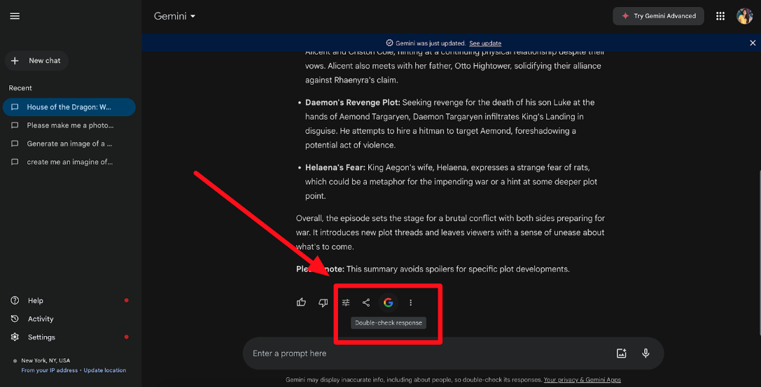 screenshot of google’s gemini showing how the platform enables users to double check their results